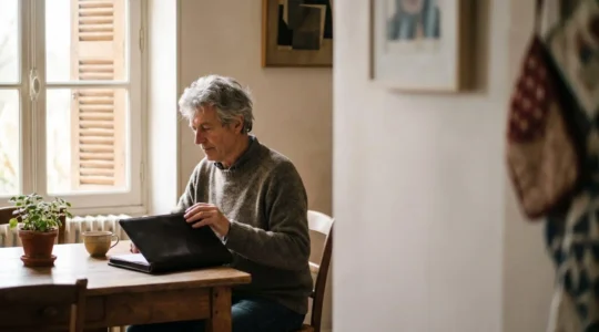 Personne âgée souriante consultant sereinement des documents de prévoyance à la table de sa cuisine dans une maison française lumineuse