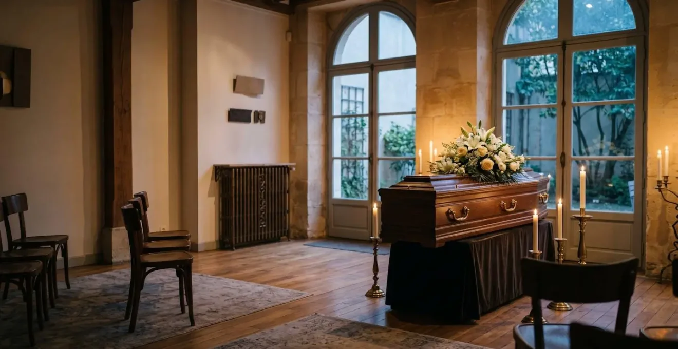 Salle de recueillement funeraire francaise baignee de lumiere douce, symbolisant la preparation digne et apaisee du defunt