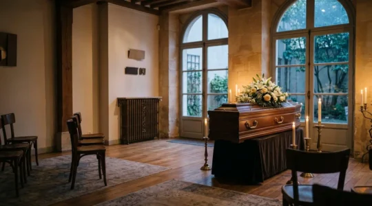 Salle de recueillement funeraire francaise baignee de lumiere douce, symbolisant la preparation digne et apaisee du defunt