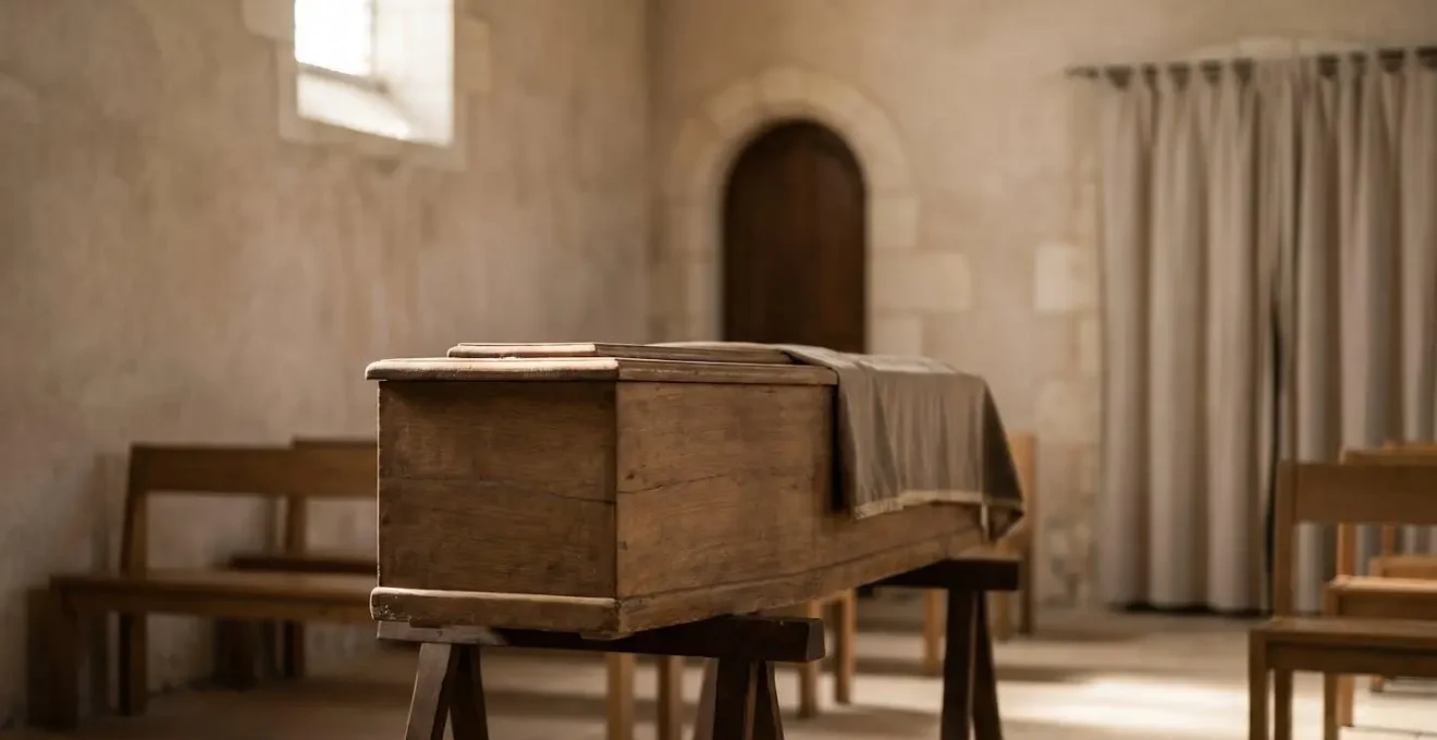 Cercueil sobre en bois clair posé dans une chambre funéraire épurée, symbolisant les prestations funéraires obligatoires en France