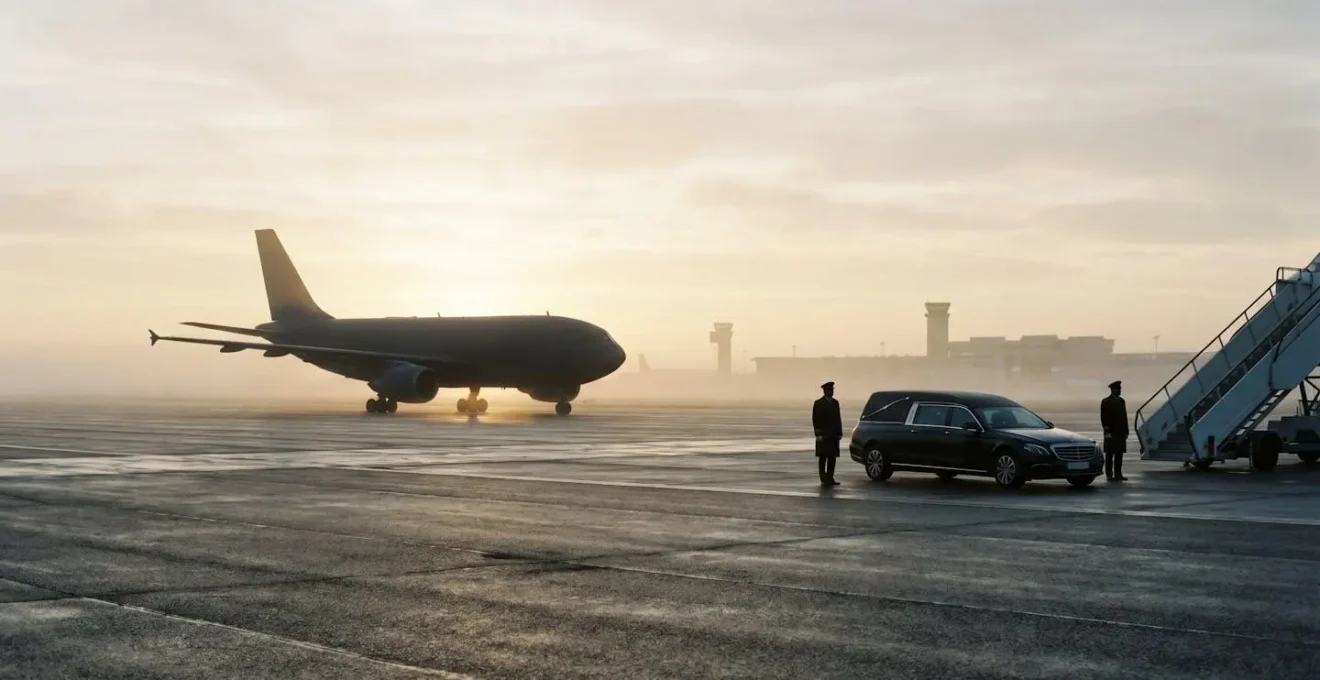 Cercueil transporté avec dignité sur le tarmac d'un aéroport au lever du jour, symbolisant le rapatriement d'un défunt depuis l'étranger vers la France