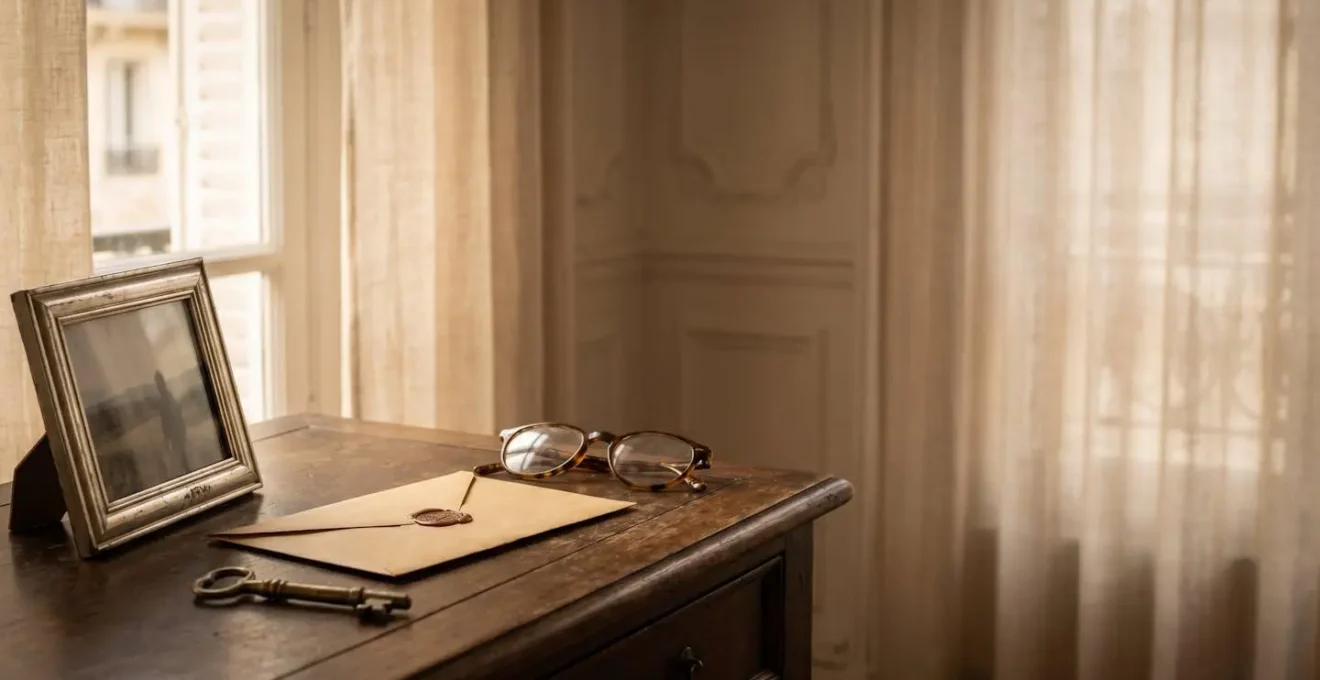 Bureau feutré avec une enveloppe ancienne cachetée, une clé et une photographie floutée, symbolisant la recherche d'un contrat d'assurance obsèques oublié en France