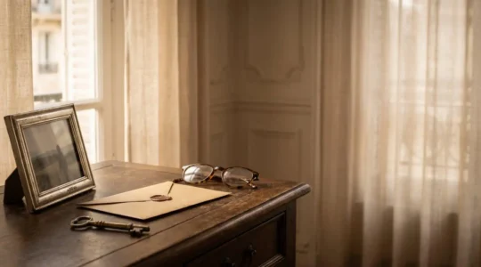 Bureau feutré avec une enveloppe ancienne cachetée, une clé et une photographie floutée, symbolisant la recherche d'un contrat d'assurance obsèques oublié en France