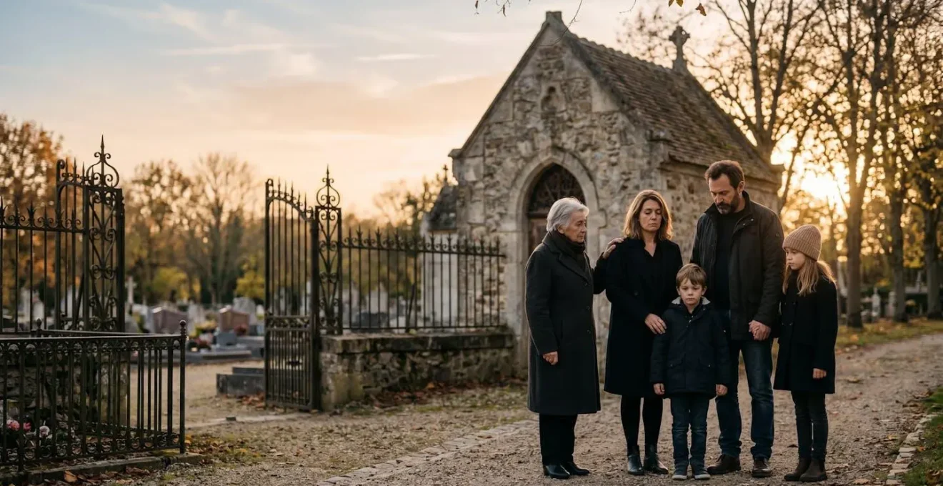 Famille reunie en plein recueillement lors d'une ceremonie de funerailles en France