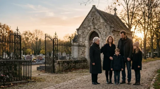 Famille reunie en plein recueillement lors d'une ceremonie de funerailles en France