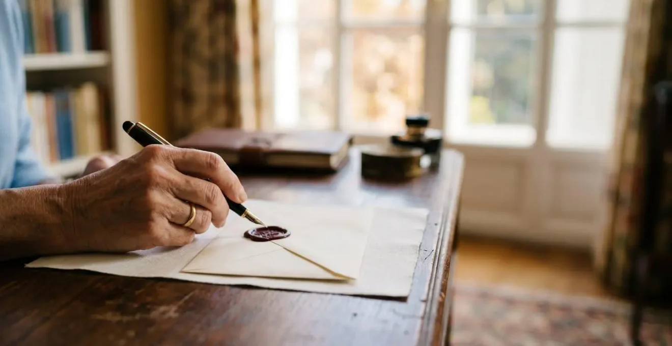 Une main signant avec un stylo-plume un document manuscrit pose sur un bureau en bois, a la lumiere douce d'une fenetre