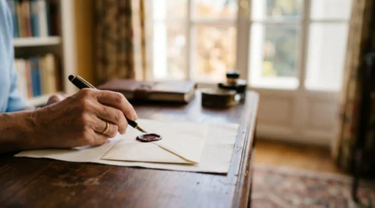 Une main signant avec un stylo-plume un document manuscrit pose sur un bureau en bois, a la lumiere douce d'une fenetre
