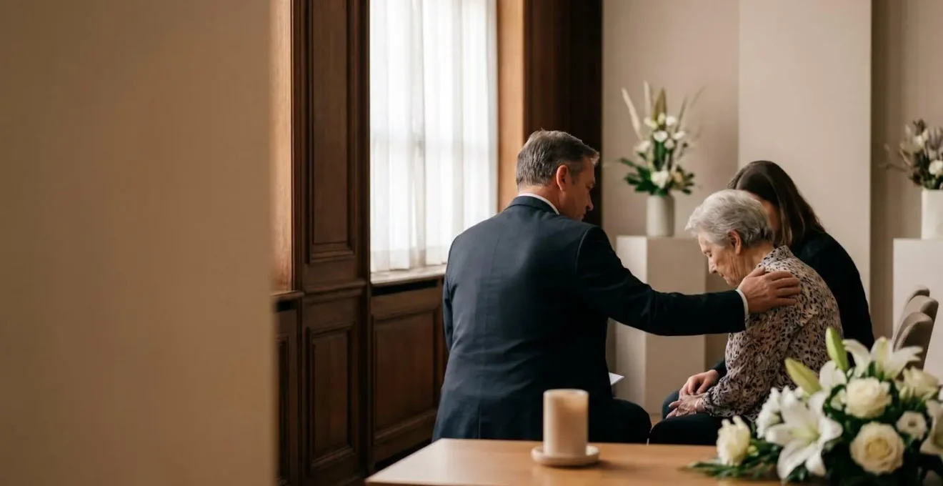 Conseiller funeraire accompagnant avec douceur une famille en deuil dans un funerarium francais lumineux