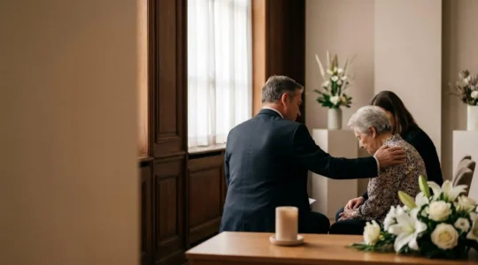 Conseiller funeraire accompagnant avec douceur une famille en deuil dans un funerarium francais lumineux