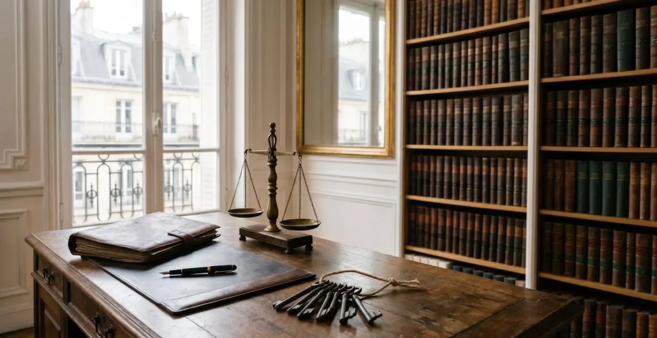 Bureau de notaire français avec des documents de succession et une balance symbolisant la justice, ambiance feutrée et solennelle