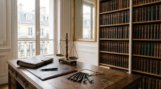 Bureau de notaire français avec des documents de succession et une balance symbolisant la justice, ambiance feutrée et solennelle