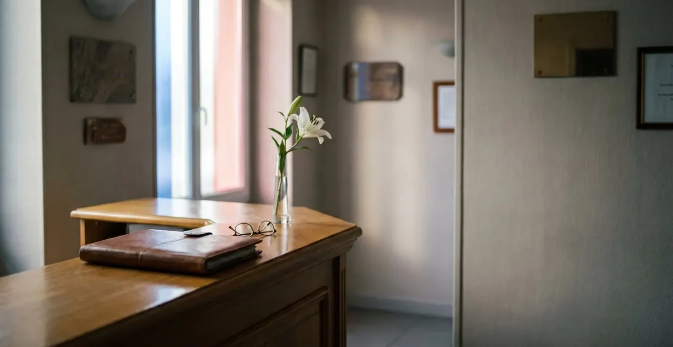 Bureau de pompes funebres francais avec documents administratifs et fleurs, symbolisant la verification du deces avant les obseques
