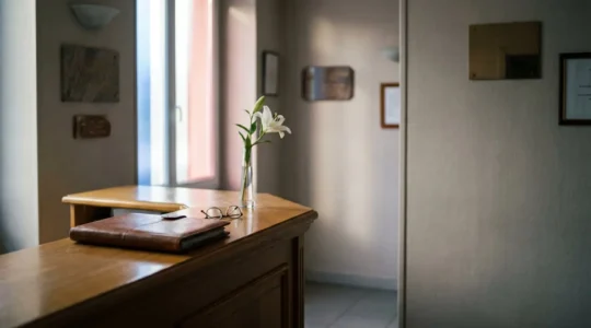 Bureau de pompes funebres francais avec documents administratifs et fleurs, symbolisant la verification du deces avant les obseques